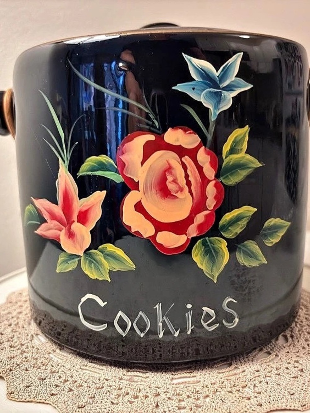 Floral Black & Brown Cookie Canister with Lid 1930 hand painted
